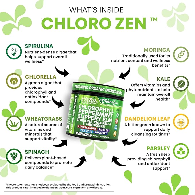 Clean Nutra Chlorophyll Peppermint Slippery Elm Spirulina Chlorella Fenugreek Ashwagandha Sea Moss