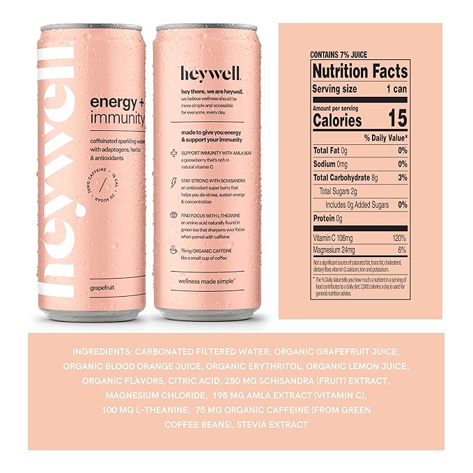 Heywell Sparkling Adaptogenic Water, Energy and Immunity, Grapefruit Flavor, 12 Fluid Ounce (Pack