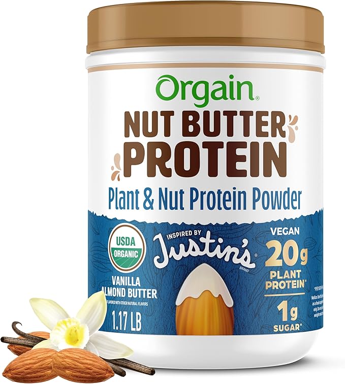 Orgain X Justin's ì§?Organic Vegan Nut Butter Protein Powder, Vanilla Almond Butter- 20g Plant
