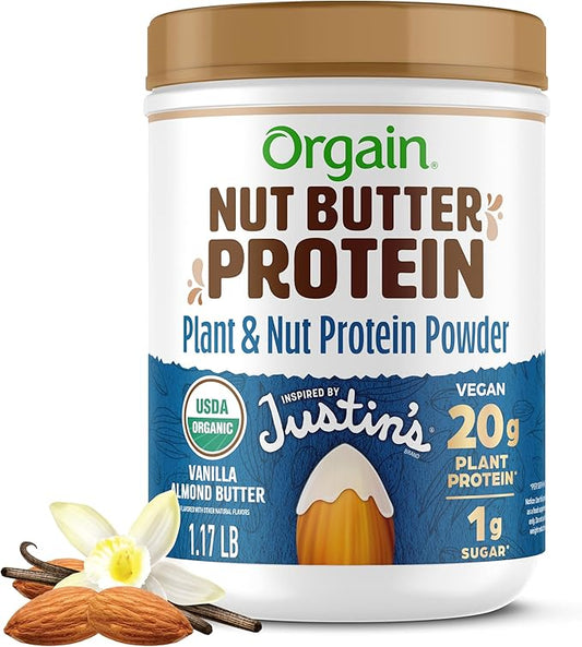 Orgain X Justin's ì§?Organic Vegan Nut Butter Protein Powder, Vanilla Almond Butter- 20g Plant