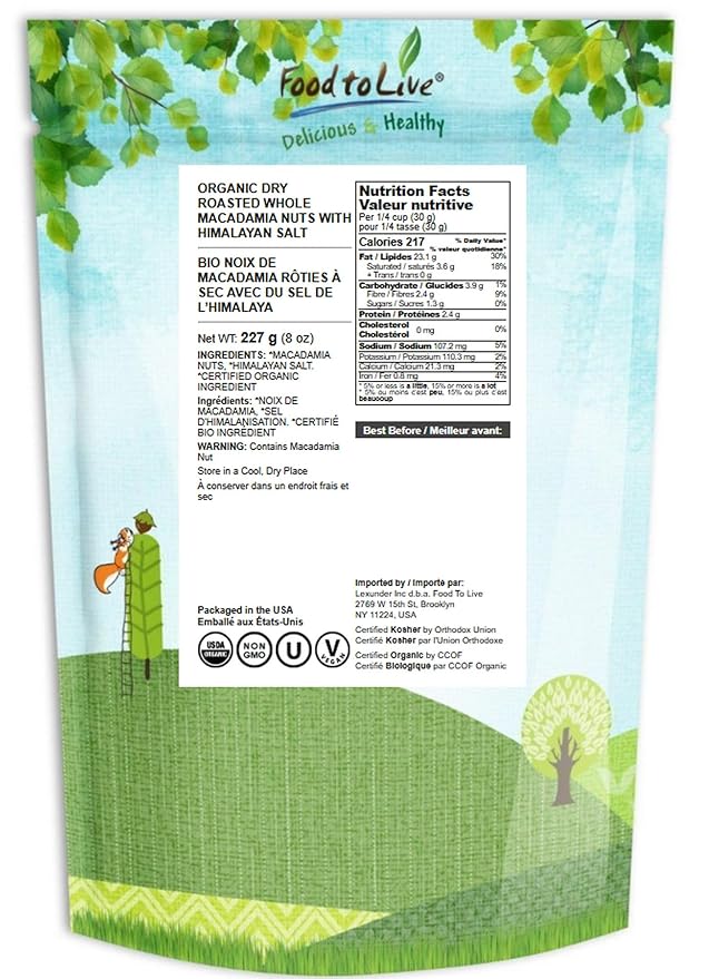 Food to Live Organic Dry Roasted Whole Macadamia Nuts with Himalayan Salt, 8 Ounces – Delicious and