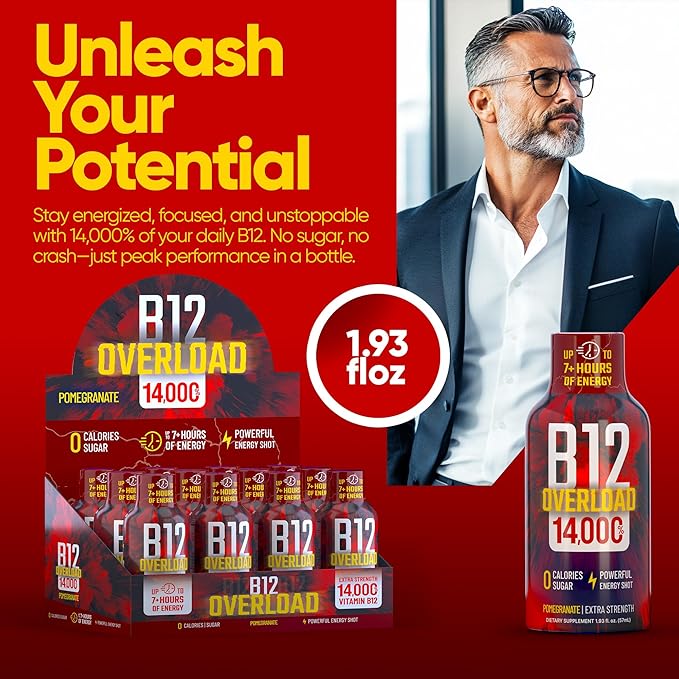 B12 Overload Extra Strength Energy Shot ??Pomegranate ??260mg Caffeine, 14000% B12, Electrolytes