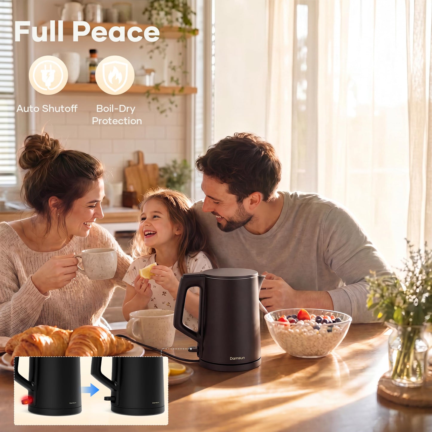 Damsun 1.7L Stainless Steel Electric Kettle, 1500W Rapid Boil, Black