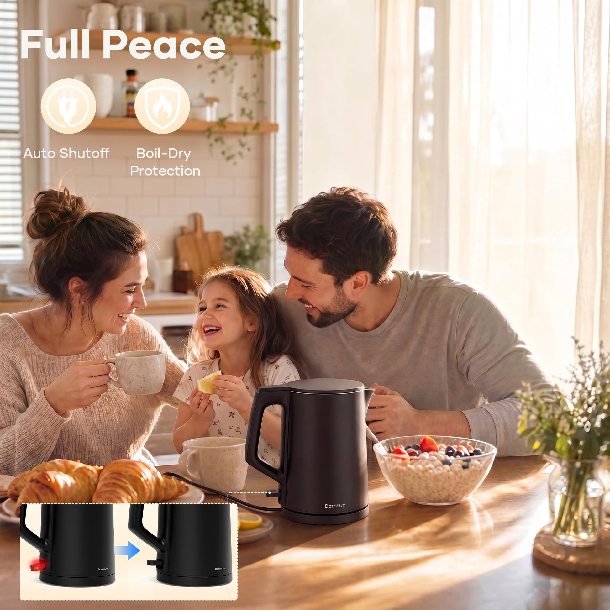Damsun 1.7L Stainless Steel Electric Kettle, 1500W Rapid Boil, Black