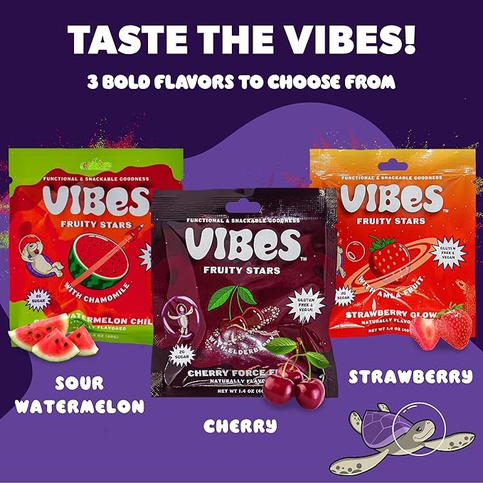 VIBES Strawberry Glow Fruity Stars - Healthy Gluten-Free & Vegan Fruit Chews - Fruit Snacks for