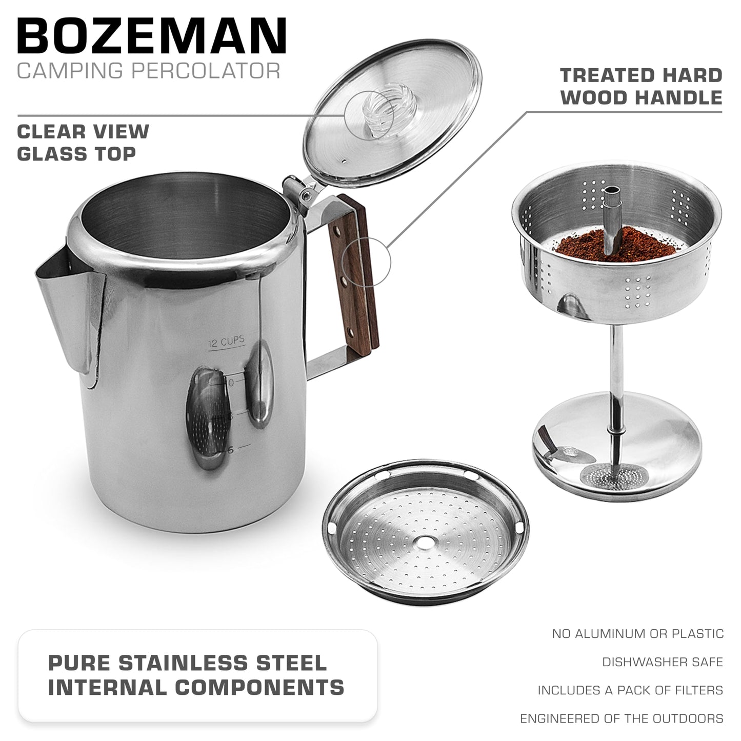 COLETTI Bozeman Percolator Coffee Pot — NO Aluminum or Plastic [12 cup]