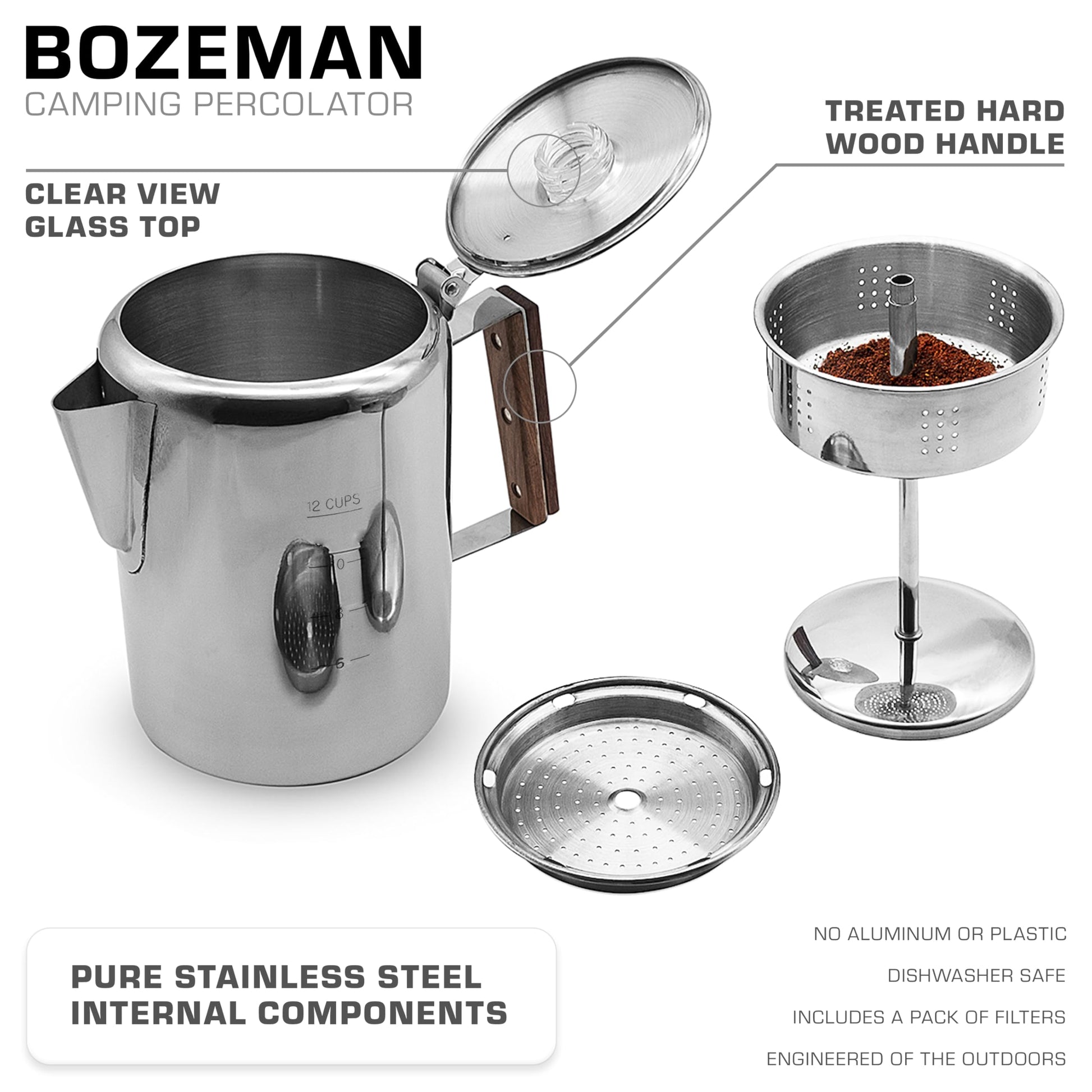 COLETTI Bozeman Percolator Coffee Pot — NO Aluminum or Plastic [12 cup]
