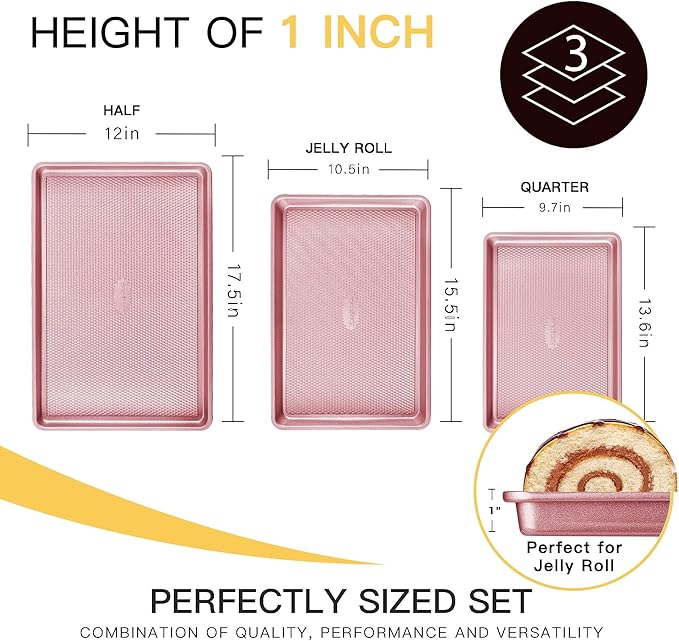 HONGBAKE Baking Sheet Pan Set, Cookie Sheets for Oven, Nonstick Half/Quarter/Jelly Roll Pans with