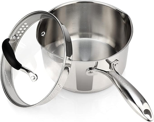 AVACRAFT Stainless Steel Saucepan with Glass Lid, Strainer Lid, Two Side Spouts for Easy Pour with