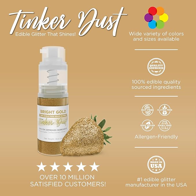Bakell - Bright Gold Tinker Dust (4g, 1x Mini Spray Pump) Edible Glitter for Food, Desserts, and