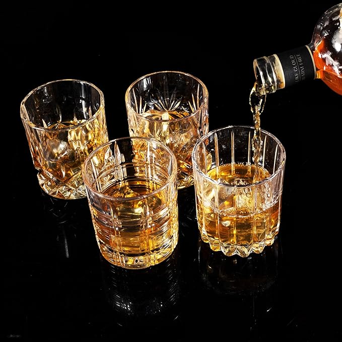 KANARS Whiskey Glasses Set of 4 - Multi Style Crystal Liquor Glasses 10 oz - Rocks Glass Barware