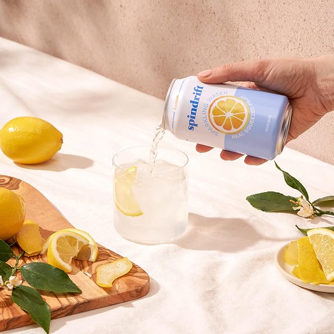 Spindrift Sparkling Water, Lemon Flavored, Made with Real Squeezed Fruit, 12 Fl Oz Cans, Pack of 24