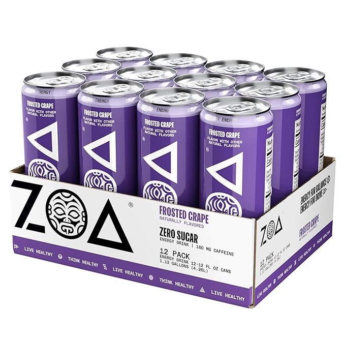 ZOA Zero Sugar Energy Drinks, Frosted Grape - Sugar Free with Electrolytes, Healthy Vitamin C