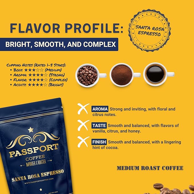 Passport Coffee Santa Rosa Espresso ??Light roast espresso blend from Ethiopia & Brazil. Flavor
