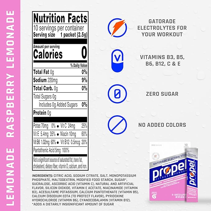 Propel Electrolyte Enhanced Water Drink Mix Powder Packets, Raspberry Lemonade, Zero Calorie & Zero