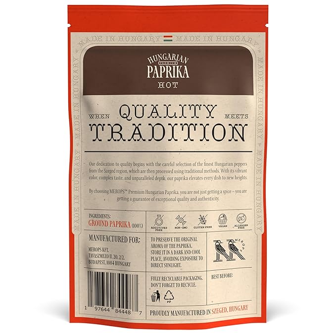 Premium HOT Hungarian Paprika Powder (4 oz) - Non-GMO - Vibrant Deep Red Color - Protected