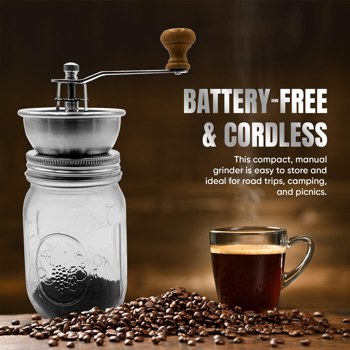 Stainless Steel Coffee Grinder Lid Attachment for Regular Mouth Mason Jars - Manual Crank Burr