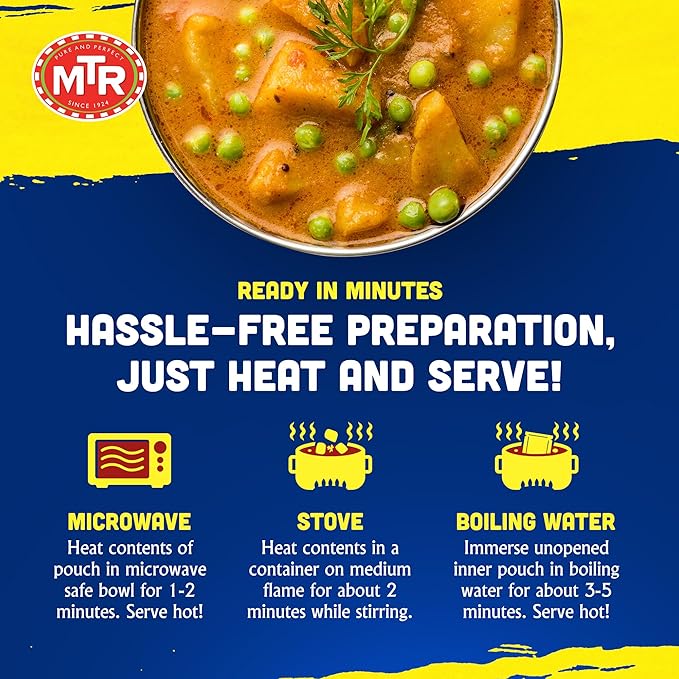 MTR - Minute Meals: Aloo Mutter - Curried Potatoes and Peas - Authentic Indian Ready-to-Eat Meal