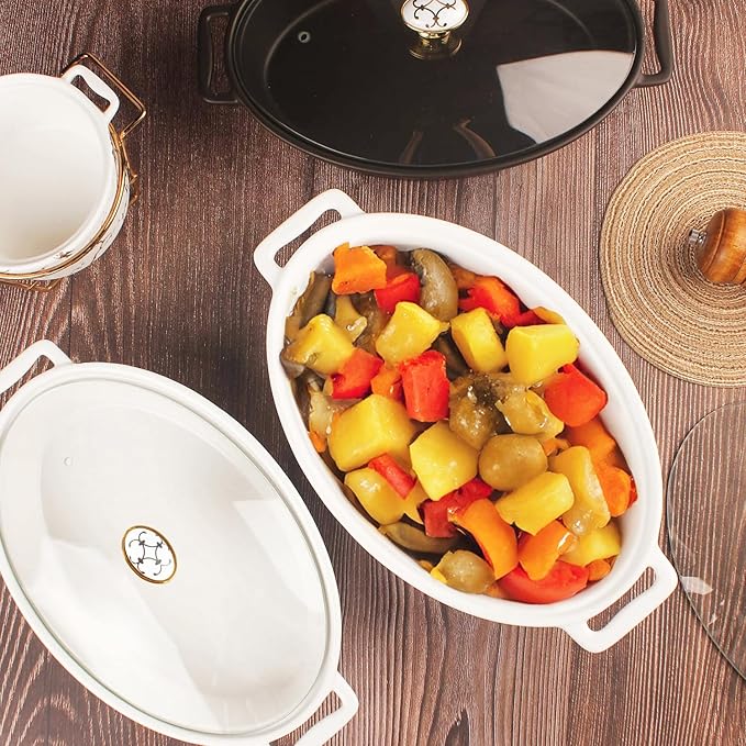 10" x 7" Ceramic Oval Casserole Dish with Glass Lid, 30 Ounce White Serving Soup Tureen,Chafing