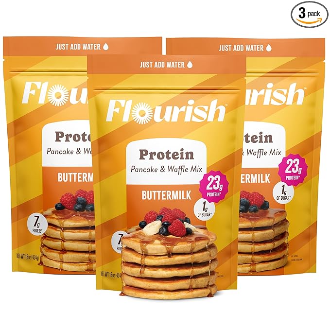 Flourish Protein Pancake & Waffle Mix, with Whey Protein & Flax Seed, No Added Sugar, High in