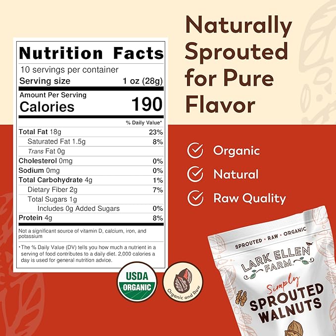 Lark Ellen Farm Organic Sprouted Walnuts ??Raw, Unsalted, Keto-Friendly, Healthy Vegan Snack