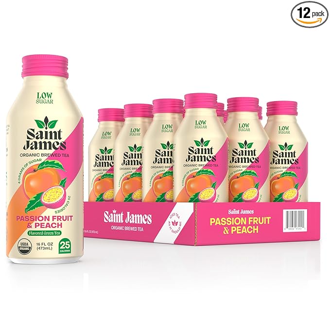 Saint James Iced Tea - Organic Green Tea - Non GMO, Gluten Free, Low Calorie & Low Sugar - Passion