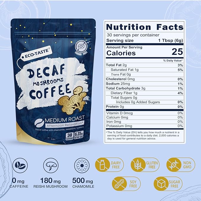Relaxing Decaf Mushroom Coffee Blend with Reishi, Chamomile & Turmeric - 30% Beta-Glucans, MCT