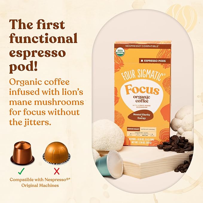 Four Sigmatic Focus Coffee Pods Compatible with Nespresso Original | Organic Medium Roast Espresso