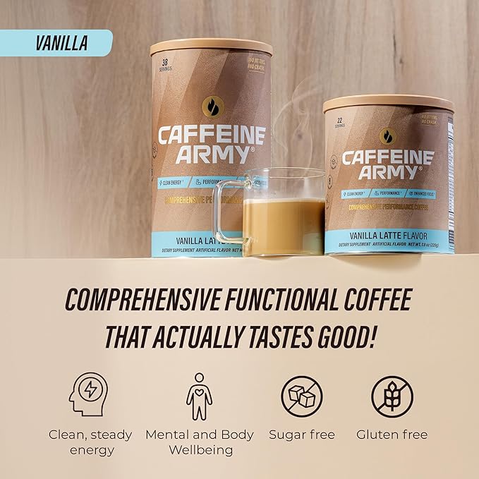 CAFFEINE ARMY Vanilla Latte | Comprehensive Functional Coffee with MCTs, CoQ10, Collagen and