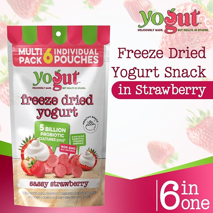 YoGut Freeze Dried Yogurt Snack, Strawberry, 6 Pack, Healthy Snacks for Kids, Toddlers & Adults