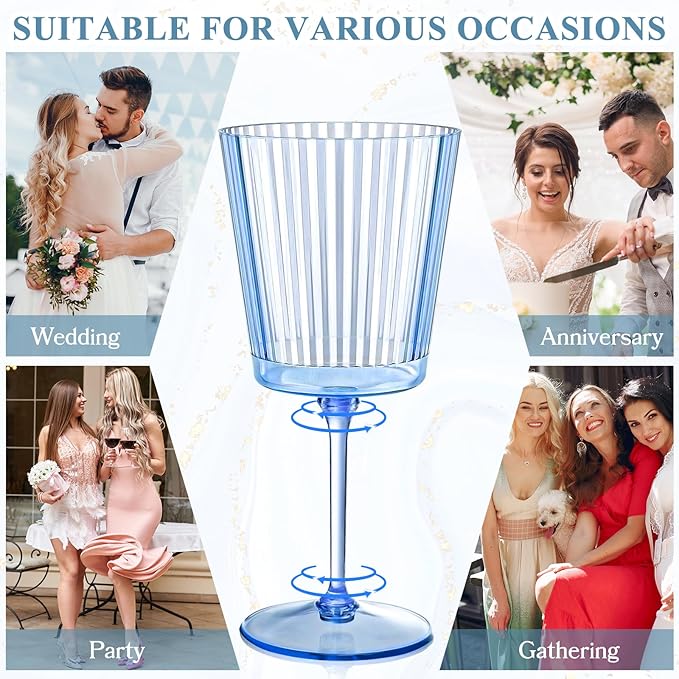 24 PCS Blue Ribbed Plastic Wine Glasses 13.5 OZ Ribbed Wine Glasses Detachable Wine Glass Elegant