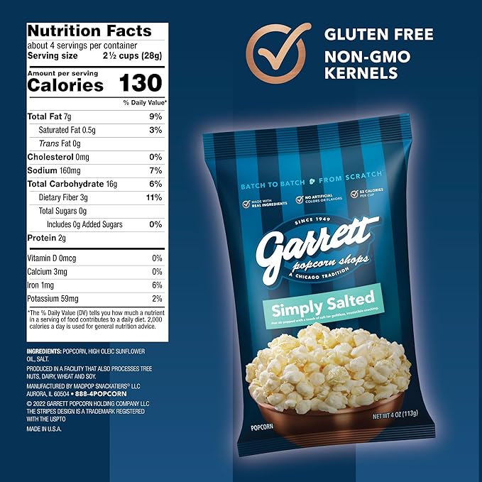 Garrett Popcorn Simply Salted, 4.0oz, 4 Bags, Light Salty Snack, Vegan, Gluten Free, Only 3