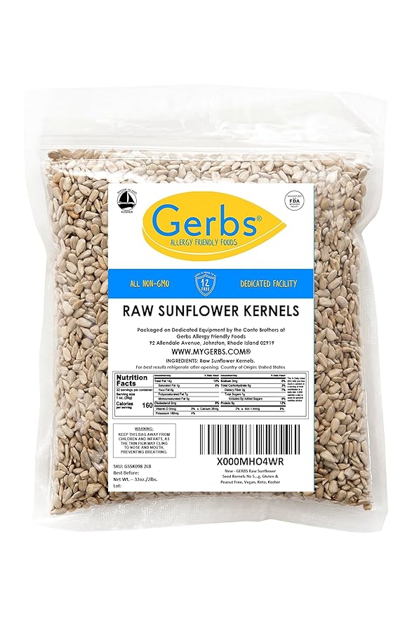 Raw Sunflower Seed Kernels by Gerbs – 2 LBS - Top 11 Food Allergen Free & Non GMO - Vegan & Kosher