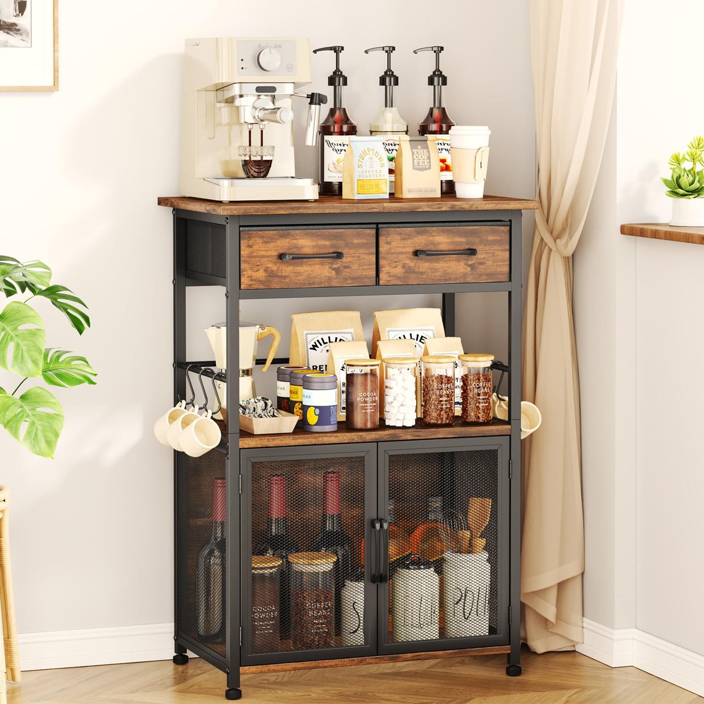 SWTYMIKI Coffee Bar Cabinet with Drawer - Coffee Stand Station with Removable Hooks, Buffet Cabinet
