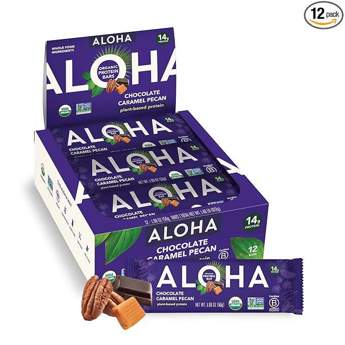 ALOHA Organic Plant Based Protein Bars | Chocolate Caramel Pecan | 12 Count, 1.98oz Bars | Vegan