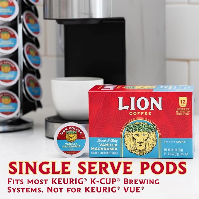 Lion Coffee Vanilla Macadamia Flavored Medium Roast Coffee Pods - Single-Serve Pods - Hawaiian