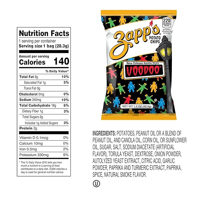 Zapp's New Orleans Voodoo Potato Chips, 42 Count - Crunchy, Gluten Free Snack with Salt, Vinegar