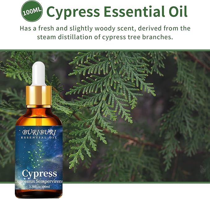 BURIBURI 100ML Cypress Essential Oil, 100% Pure Undiluted Aromatherapy Cypress Oil 3.38fl.oz for