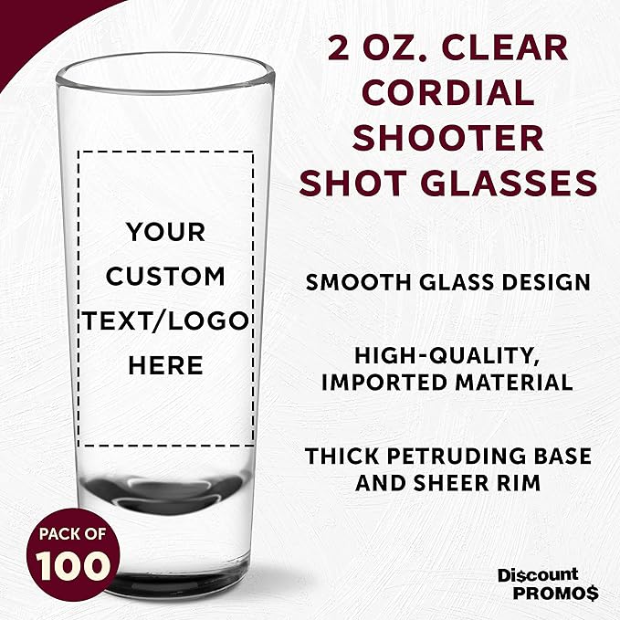 Custom Cordial Shooter Shot Glasses 2 oz. Set of 100, Personalized Bulk Pack - Great for Birthdays