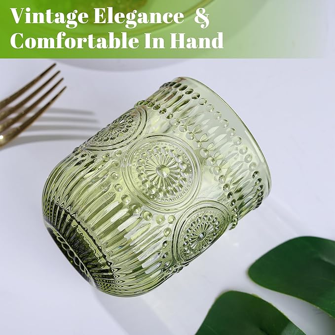 Joeyan Vintage Drinking Glasses Set of 4,9 oz Green Embossed Sunflower Small Water Glass Tumbler