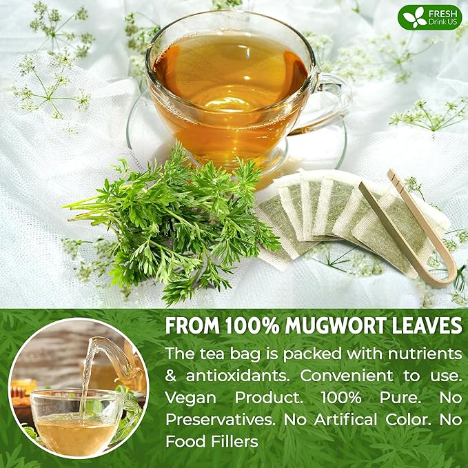 FreshDrinkUS, Premium 45 Mugwort Leaf Tea Bags, 100% Natural and Pure Mugwort Leaves. Loose Leaf
