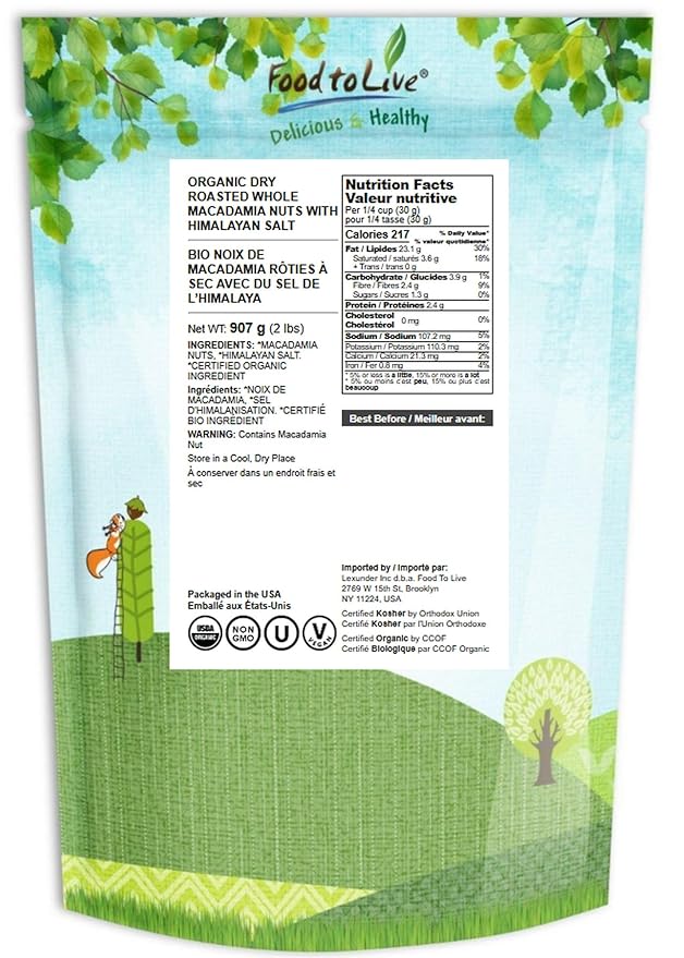 Food to Live Organic Dry Roasted Whole Macadamia Nuts with Himalayan Salt, 2 Pounds – Delicious and