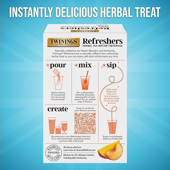 NEW Twinings Peach Mango Refreshers, Herbal Tea Instant Beverage with Real Peach Fruit Bits, 5