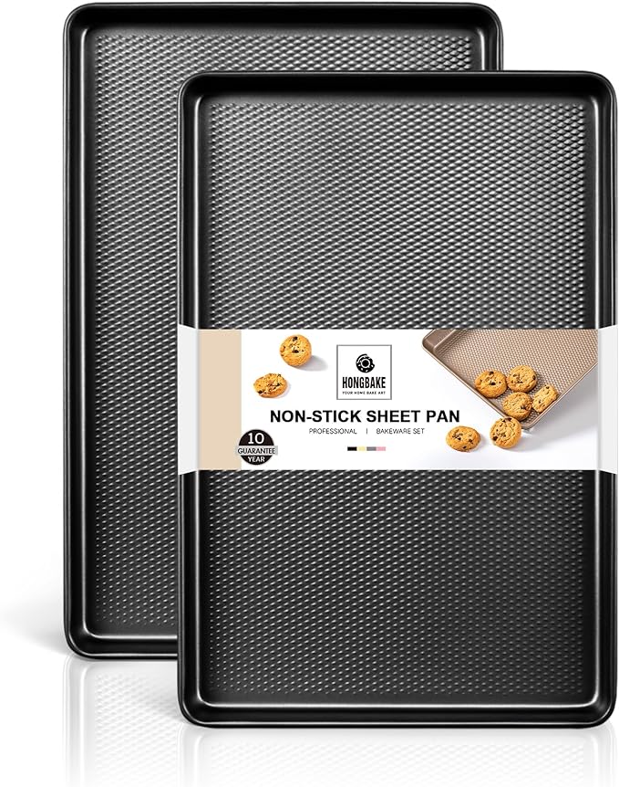 HONGBAKE 2 Pack Jelly Roll Pan Set 15x10, Cookie Sheets for Baking with Diamond Texture, Baking