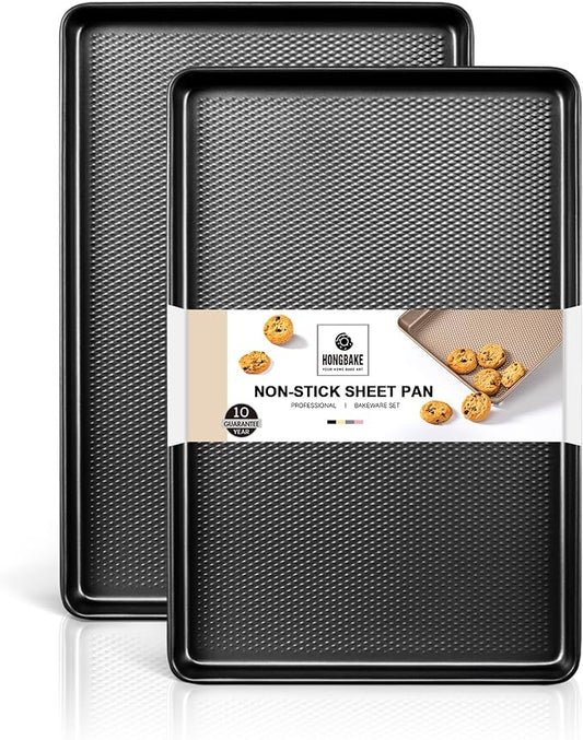 HONGBAKE 2 Pack Jelly Roll Pan Set 15x10, Cookie Sheets for Baking with Diamond Texture, Baking