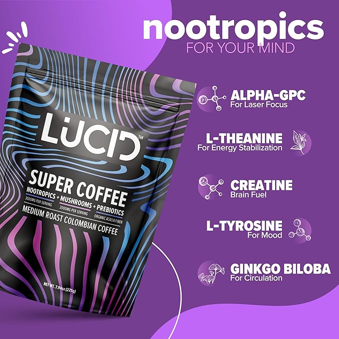 Lucid Superfood Organic Mushroom Coffee with Nootropics - Lion's Mane, Tremella, Cordyceps & Turkey