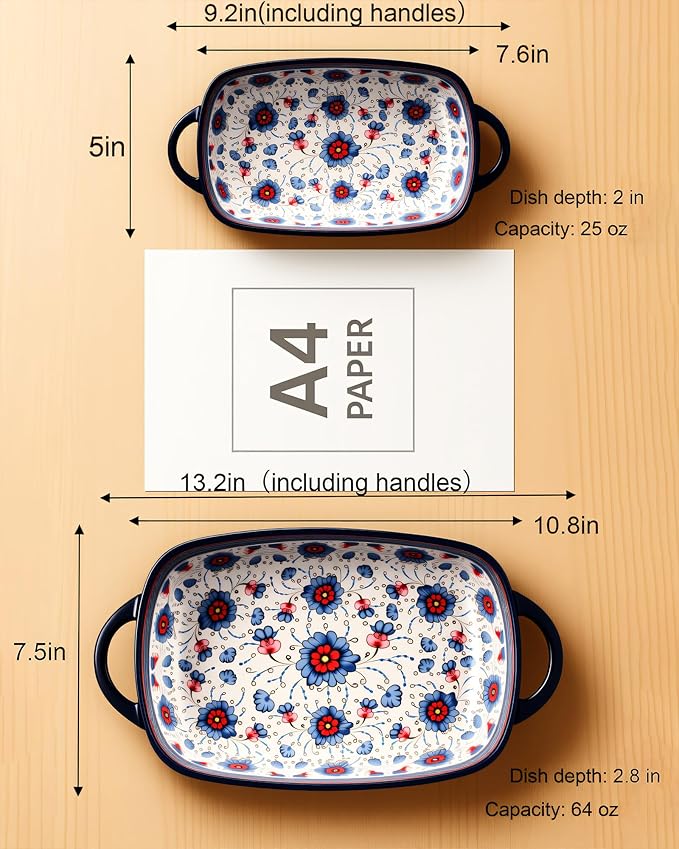 Ceramic Baking Dish Set of 2 ??Decorative Polish Pottery Style Casserole Dishes with Handles, Cute
