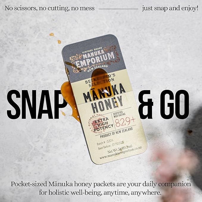 Manuka Emporium Raw Manuka Honey Packets MGO 829+ | 24 x 0.18oz Extra-Potent Snaps | Certified