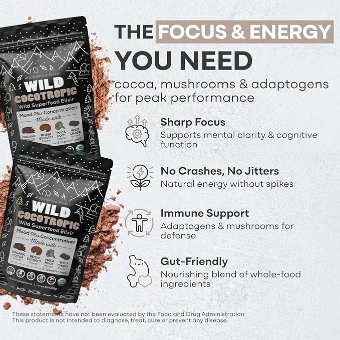 Organic Cocotropic Superfood Mushroom Hot Chocolate Mix, 8 oz | Non-GMO, Vegan, Gluten Free, Reishi