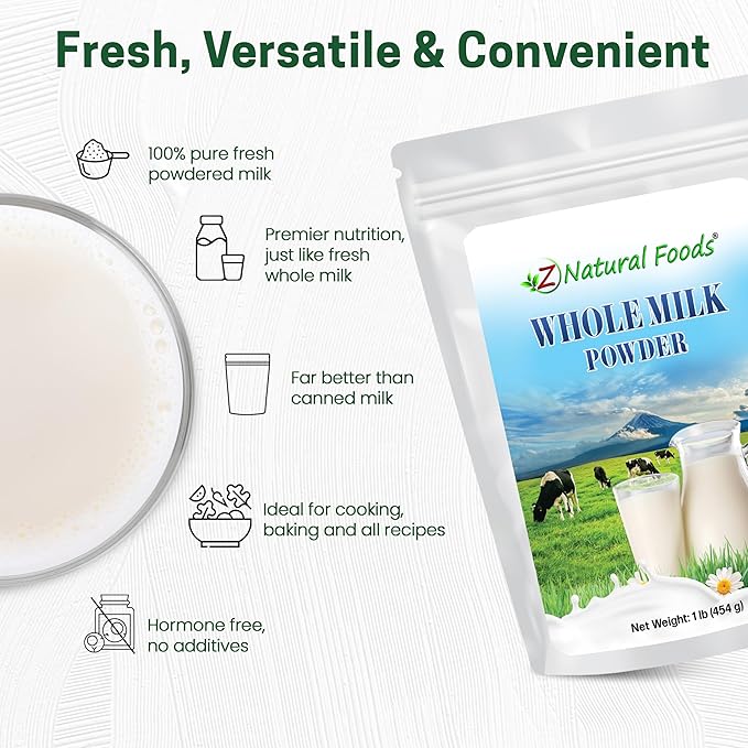 Z Natural Foods Premium Whole Milk Powder - Powdered Milk for Baking, Cooking, Drinks - Dry Milk